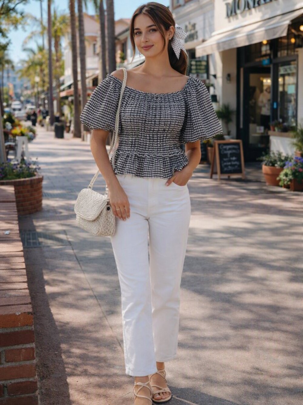 NWT Grace & Karma Gingham Puff-Sleeve Peplum Blouse - Black & White